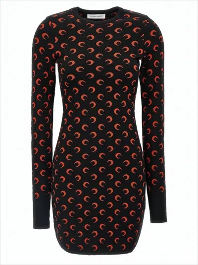 MARINE SERRE FITTED BLACK MINI DRESS WITH LONG SLEEVES AND CRESCENT PATTERN