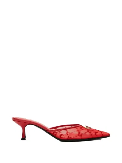 Marine Serre Flock Kitten Mesh Mules In Red
