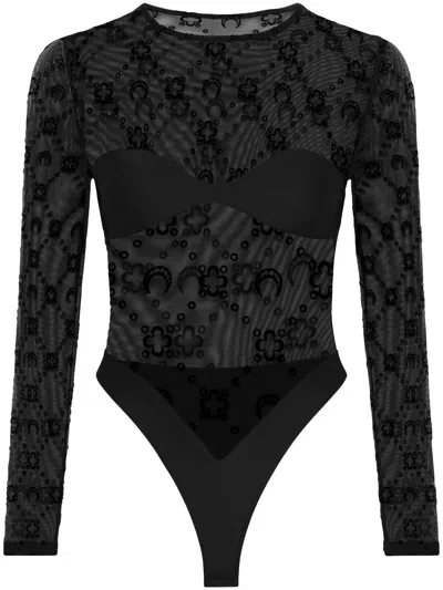 Marine Serre Flocked Mesh Long-sleeve Bodysuit With Bustier Panel In Black