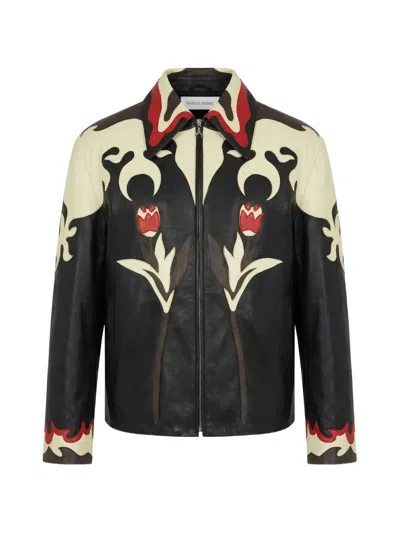 Marine Serre Floral-patch Leather Jacket In Black