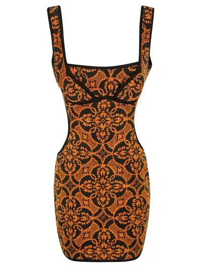 MARINE SERRE GEOMETRIC PATTERN EMBROIDERED SQUAREDNECK MINI DRESS