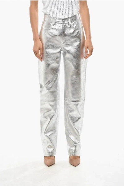 Marine Serre Gold Line All-over Engraved Monogram Laminated Leather Pants In Silver