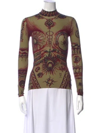 Pre-owned Marine Serre Graphic Print Mock Neck Top In Green