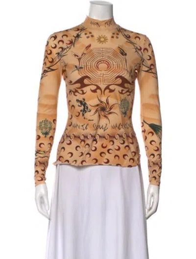 Pre-owned Marine Serre Graphic Print Mock Neck Top In Orange