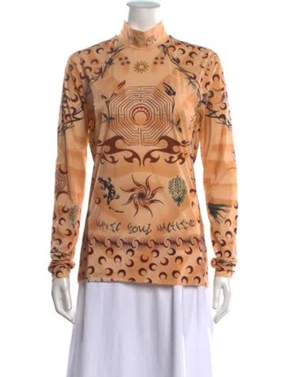 Pre-owned Marine Serre Graphic Print Mock Neck Top In Orange