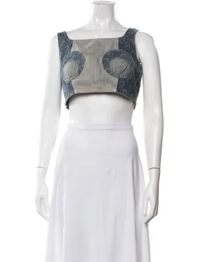 Pre-owned Marine Serre Graphic Print Square Neckline Crop Top W/ Tags In Blue/green