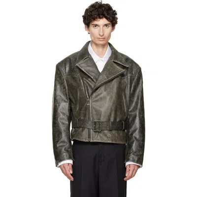 Marine Serre Gray Vintage Moon Leather Biker Jacket In Green