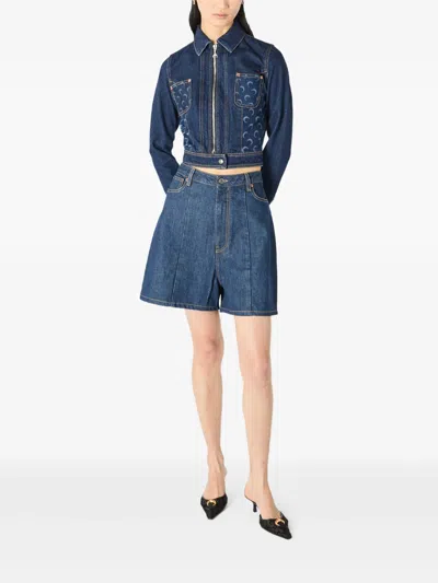Marine Serre High-waisted Mini Shorts With Double Zip Detail In Blue