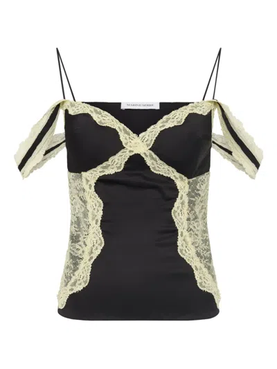 Marine Serre Lace-trimmed Satin Top In Black