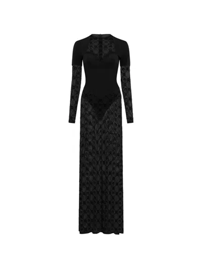 Marine Serre Layered Jersey Mesh Flock Long Dress In Black