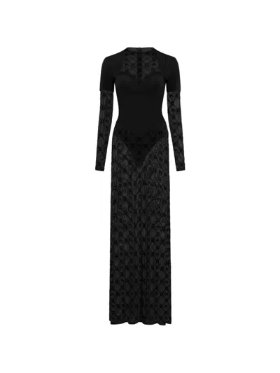 Marine Serre Layered Long Dress In Jersey And Mesh In Black