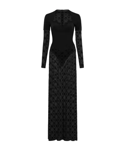 Marine Serre Layered Jersey Mesh Flock Long Dress In Black