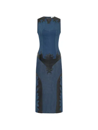 Marine Serre Leather-patch Denim Midi Dress In Blue
