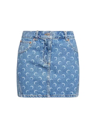 Marine Serre Light Blue Denim Moon Laser Miniskirt