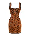 Marine Serre Geometric Pattern Embroidered Squaredneck Mini Dress In Brown
