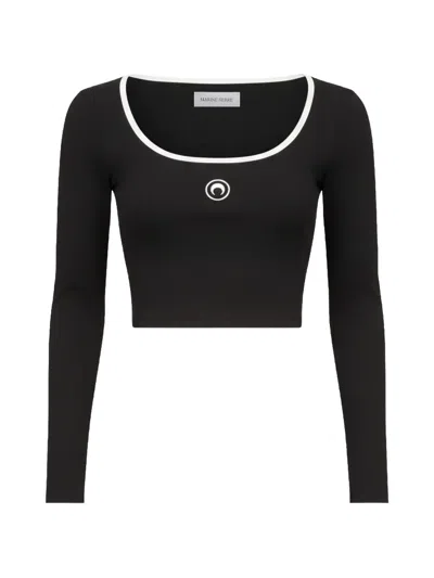 Marine Serre Moon Logo Bicolor Jersey Ls Roundneck T-shirt In Black