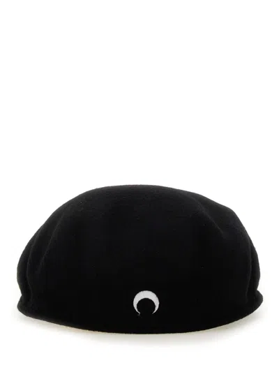 Marine Serre Logo Flat Top Round Wool Hat In Black