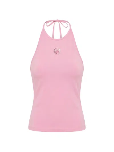 Marine Serre Moon Pearl Halter Jersey Fitted Top In Pink