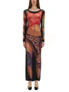 Marine Serre Multicolor Long Dress With All-over Graphic Print In Black
