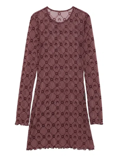 Marine Serre Long-sleeve Patterned Mini Dress In Burgundy