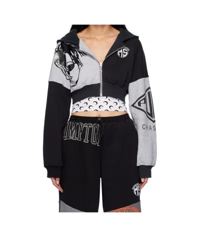 Marine Serre Black & Gray Upcycled Graphic Cropped Zipped Hoodie In Gr95 Magnet
