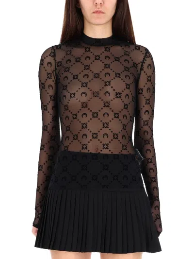 Marine Serre Long-sleeve Logo Pattern Mesh Top In Black
