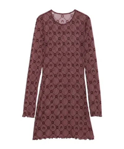 Marine Serre Floral Mesh Long Sleeve Crewneck Dress In Brown
