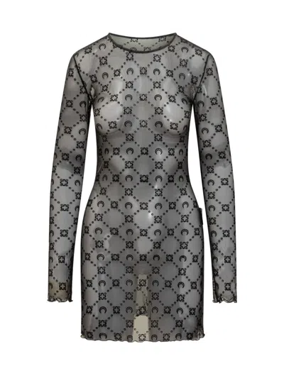 Marine Serre Black Tulle Dress With Logo All Over
