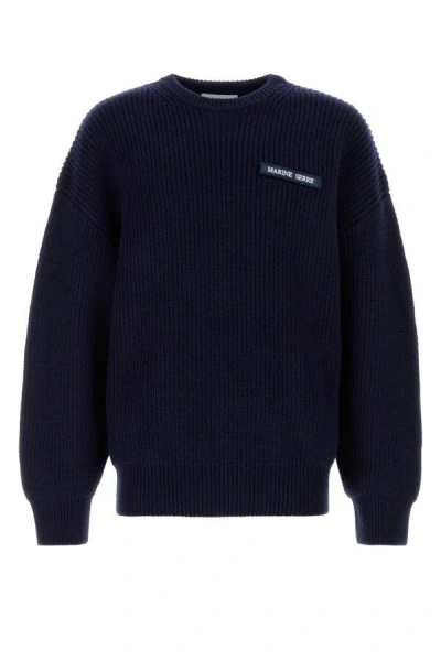 Marine Serre Men Ms Half Cardigan Knit Crewneck Sweater In Navy
