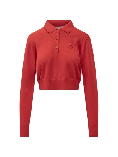 Marine Serre Merinos Knit Long Sleeves Polo In Red