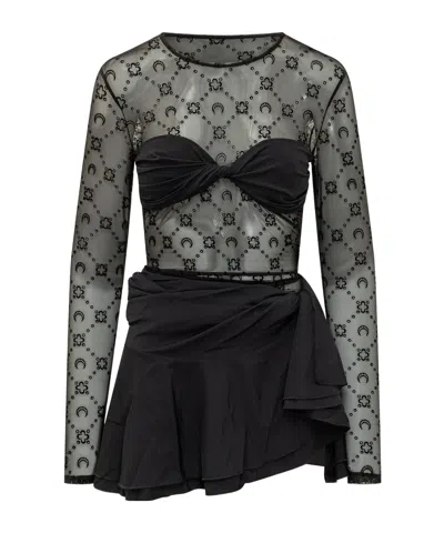 Marine Serre Mesh Flocked Ruffle Mini Dress In Black