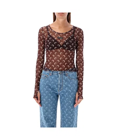 MARINE SERRE MARINE SERRE MESH MONOGRAMMED CREWNECK CROPPED TOP