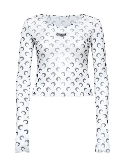 Marine Serre Mesh Monogrammed Crewneck Cropped Top In White