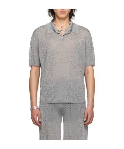 Marine Serre Metallic Pointelle-knit Polo Shirt In Gray