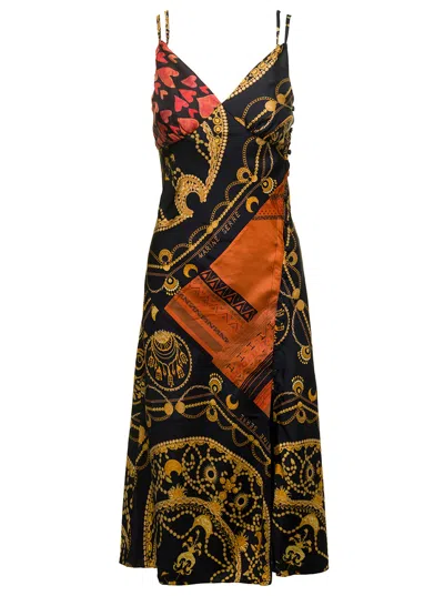 Marine Serre Midi Multicolor Dress With Double Straps And Ornament Jewelry Print In Silk Woman In Black