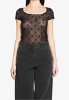 Marine Serre Wide Neck Black T-shirt With Tone-on-tone Velvet Logo In Black