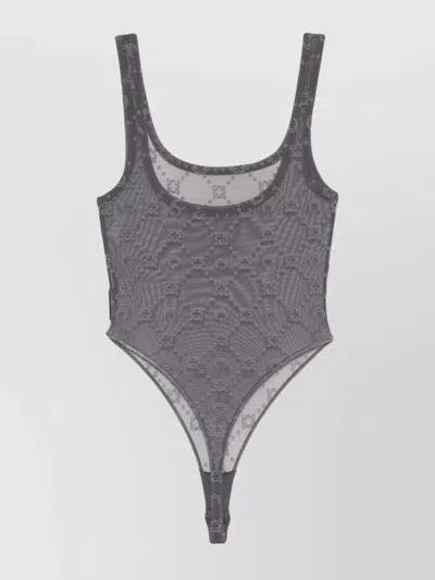 Marine Serre Monogram Sheer Sleeveless Stretch Bodysuit In Grey