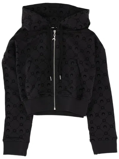 Marine Serre Moonogram Flocked Cropped Zip-up Hoodie In Black
