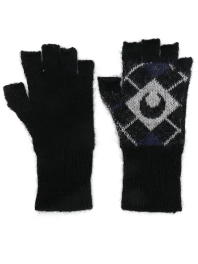 Marine Serre Moon Argyle Knit Gloves In Black