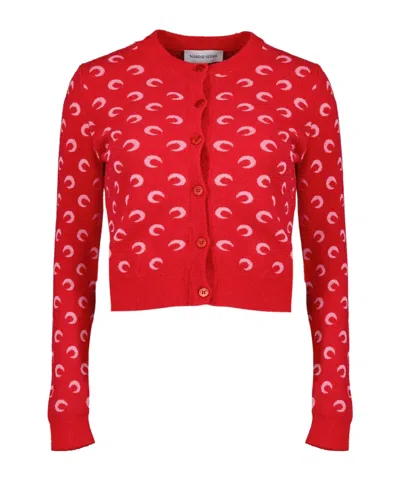 Marine Serre 'moon' Circular Wool Jacquard Cardigan In Red