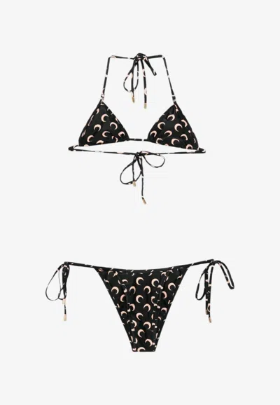 Marine Serre Moon Crescent Print Halterneck Bikini In Black