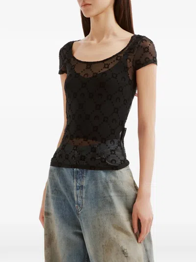Marine Serre Wide Neck Black T-shirt With Tone-on-tone Velvet Logo In Gray