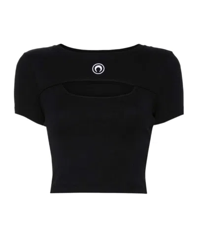 MARINE SERRE MARINE SERRE MOON EMBROIDERED CUT-OUT RIBBED CROPPED TOP