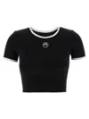 Marine Serre Women Black Cropped Crewneck T-shirt With Logo Embroidery On The Front In Cotton Woman In Black