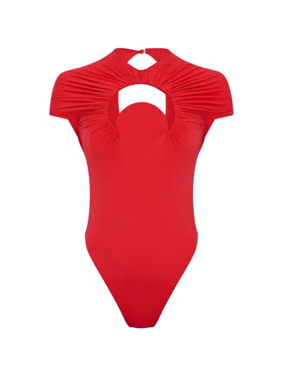 Marine Serre Moon Gathered Swimsuit In Red