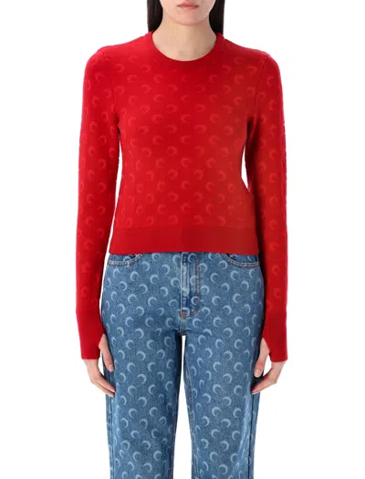 Marine Serre Moon Jacquard Knit Fitted Sweater In Red