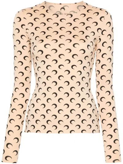 Marine Serre Beige Crewneck T-shirt With All-over Crescent Moon Print In Tech Fabric Stretch Woman