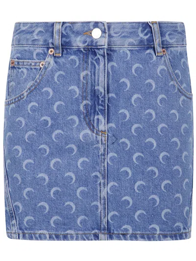 Marine Serre "moon" Laser Blue Wash Denim Mini Skirt
