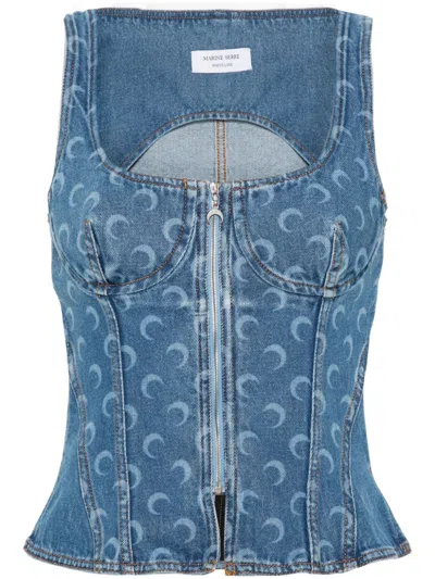 Marine Serre Crescent-moon-print Denim Top In Clear Blue