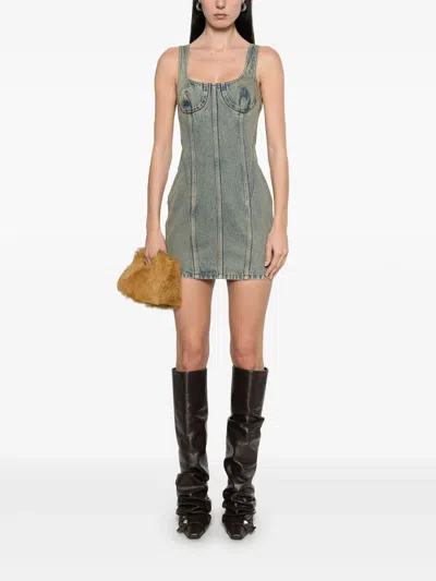 Marine Serre Moon Laser Denim Mini Dress In Gray